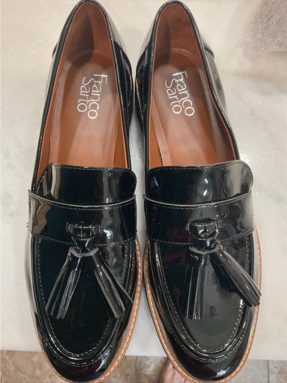 Franco Sarto Black Patent Leather Tassel Loafers y2k 9